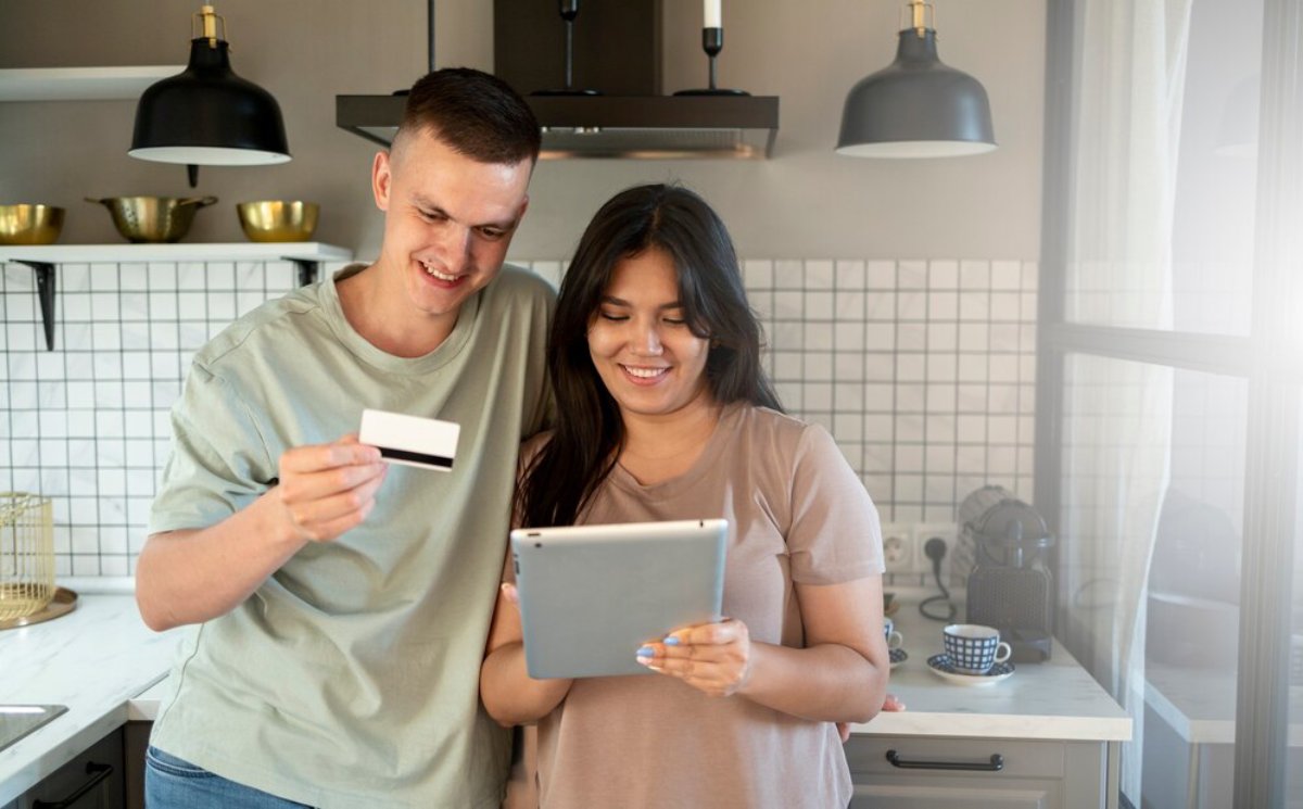 A couple stands in a modern kitchen, one holding a credit card and the other using a tablet, both engaged in a transaction.