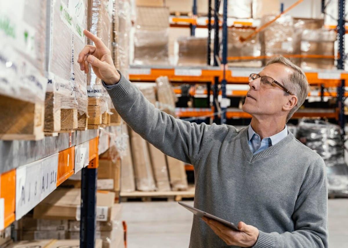 A man in a grey sweater inspects labeled packages on shelves in a warehouse, holding a tablet in one hand.