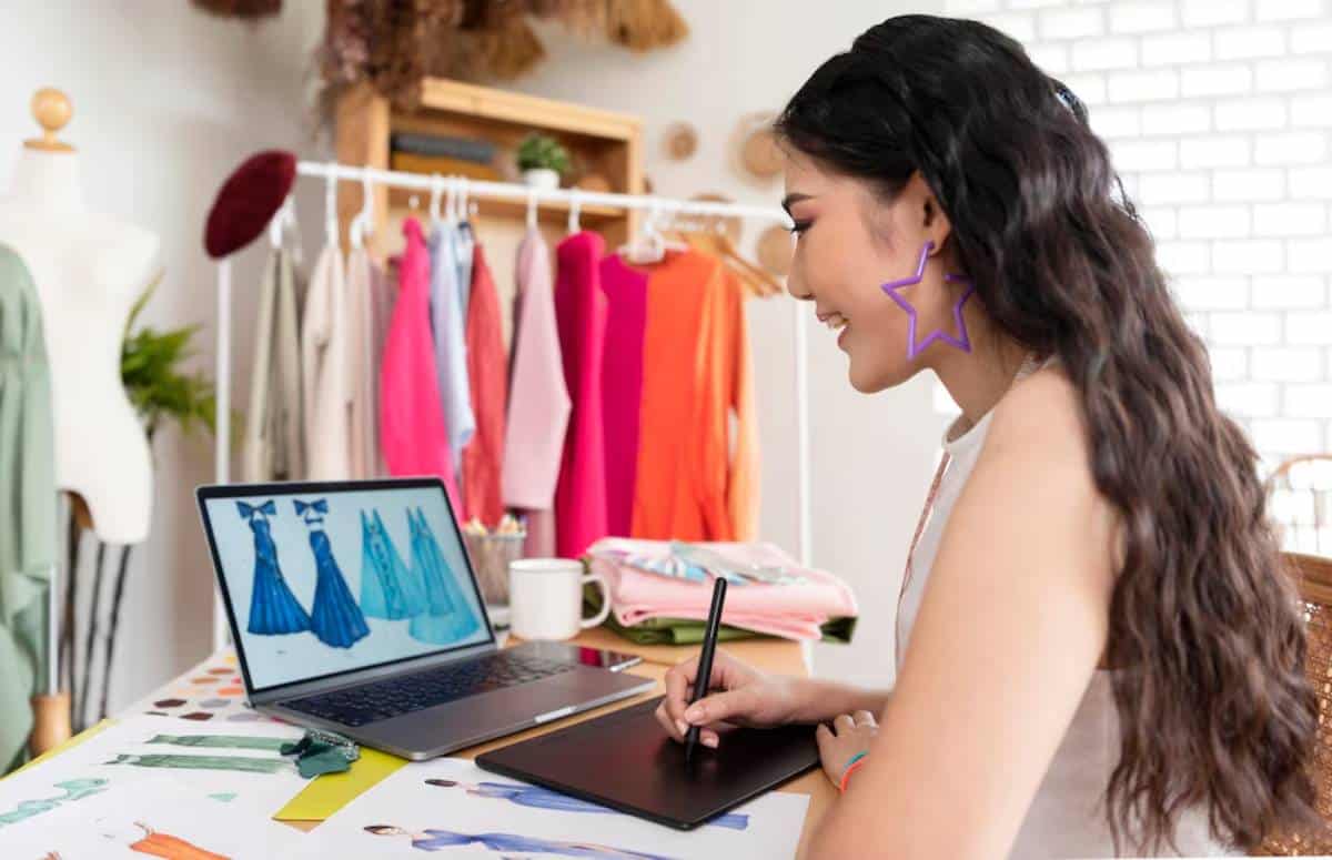 A designer sketches dress designs on a tablet with a laptop displaying fashion illustrations, surrounded by colorful garments.